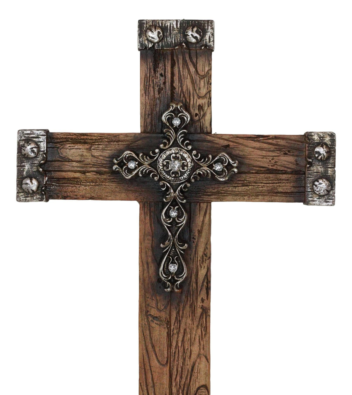 Rustic Western Faux Wood Grain With Layered Silver Scroll Crystals Wall Cross