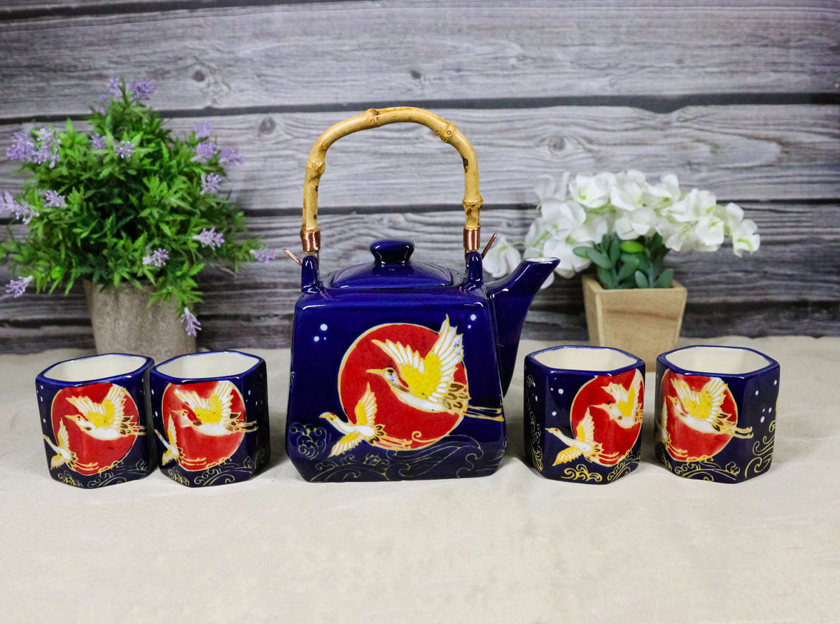 Golden Crane With Red Moon Blue Ceramic Hexagonal Teapot With 4 Tea Cups Set