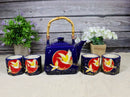 Golden Crane With Red Moon Blue Ceramic Hexagonal Teapot With 4 Tea Cups Set