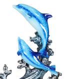 Nautical Marine Sea Ocean 2 Blue Dolphins Leaping Out Of The Reef Waves Figurine