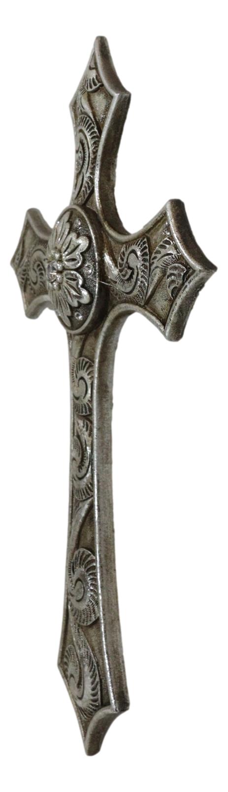 Rustic Western Silver Concho With Ornate Shell Pattern Wall Cross Decor Plaque - Ebros Gift
