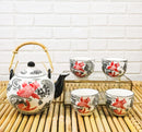 Red Black Koi Fish Porcelain 30oz Teapot With Bamboo Handle And 4 Tea Cups Set