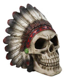 Gothic Native American Chief Skull Figurine with Tribal Feather Headdress 4.5"H