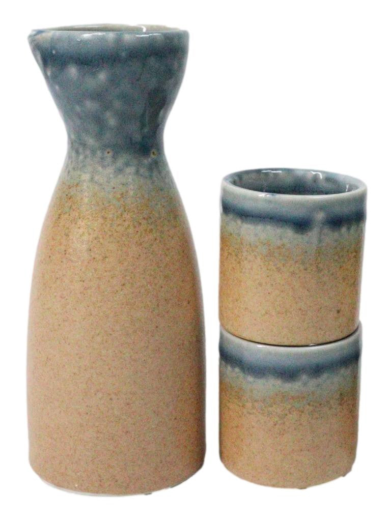 Porcelain Blue And Sand Ao Nagashi Japanese Wine Sake Flask With 2 Cups Set