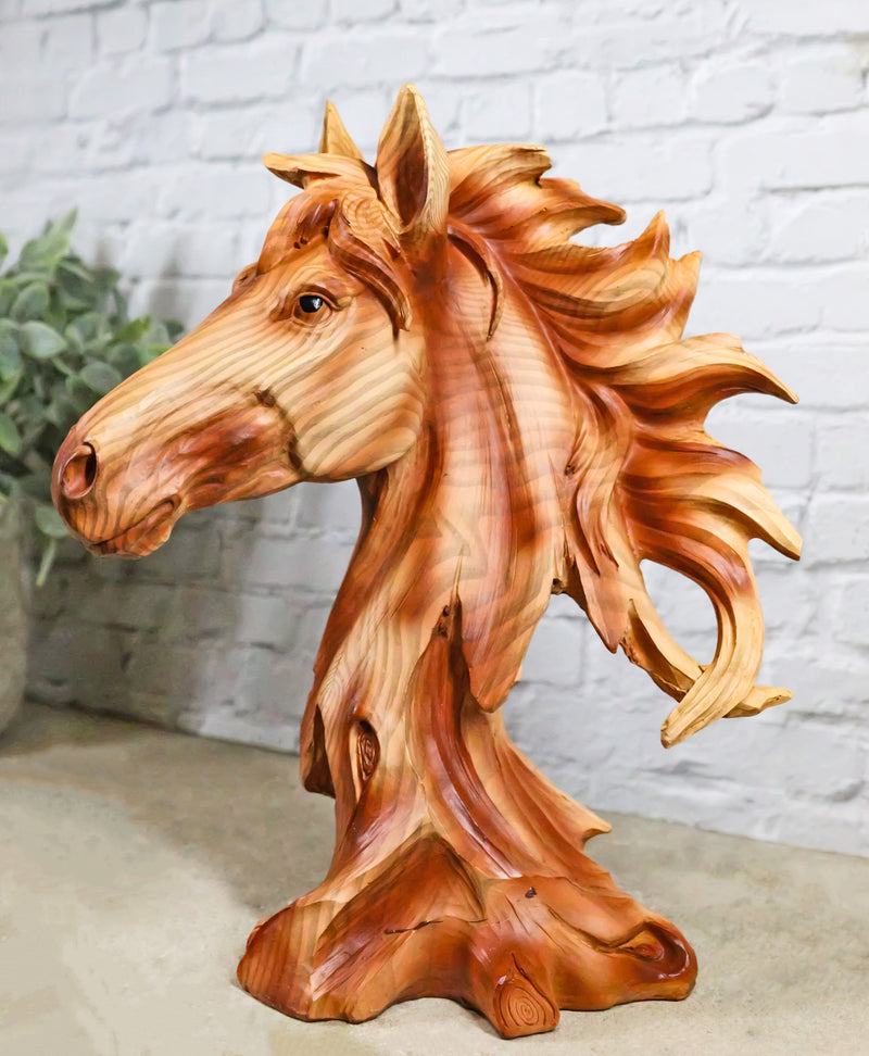 Wild Stallion Horse Bust In Faux Cedar Wood Finish Figurine 11"H Resin Decor