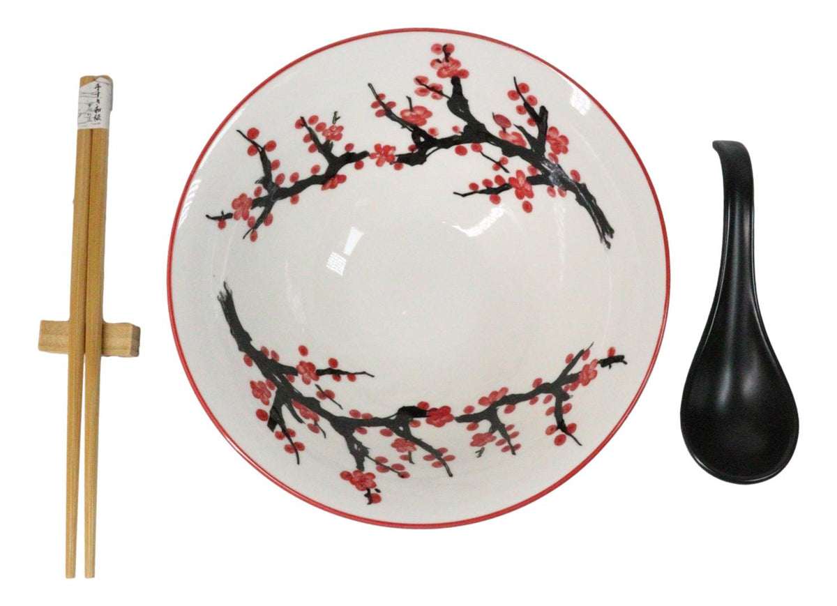 Pink Sakura Ceramic Ramen Rice Bowl With Soup Spoon Chopsticks And Rest Set