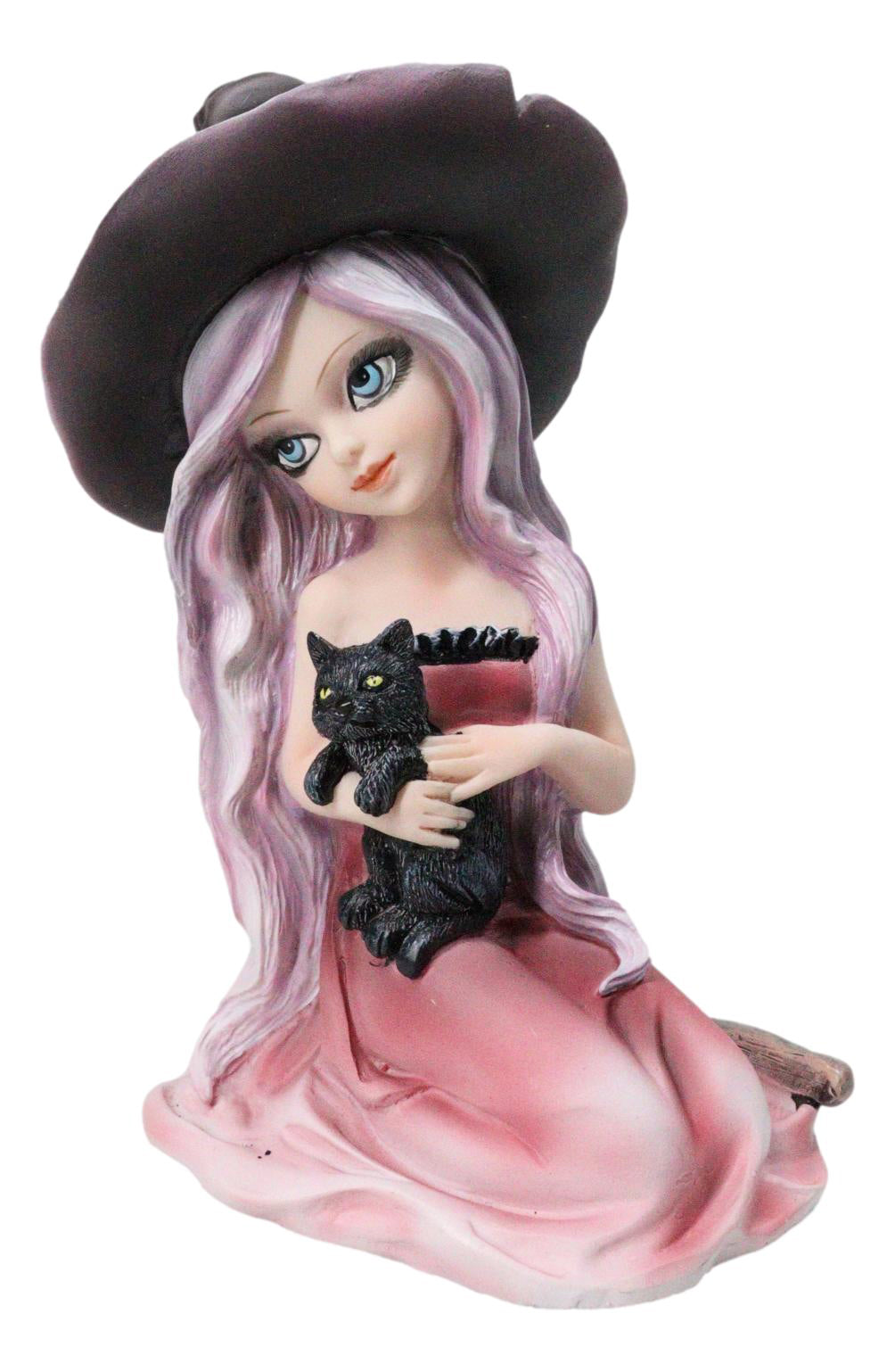 Gothic Beautiful Witch In Pink Dress And Magical Hat Holding Black Cat Figurine
