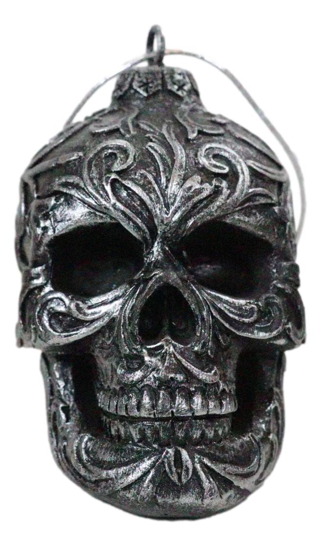 Set of 4 Day Of The Dead Faux Gunmetal Silver Tribal Tattoo Skull Tree Ornaments