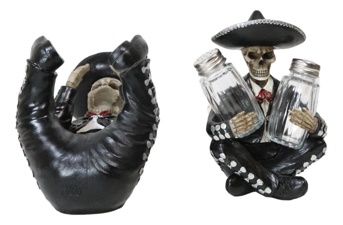 Day Of The Dead Skeleton Mariachi Band Wine And Salt Pepper Shakers Holder Set