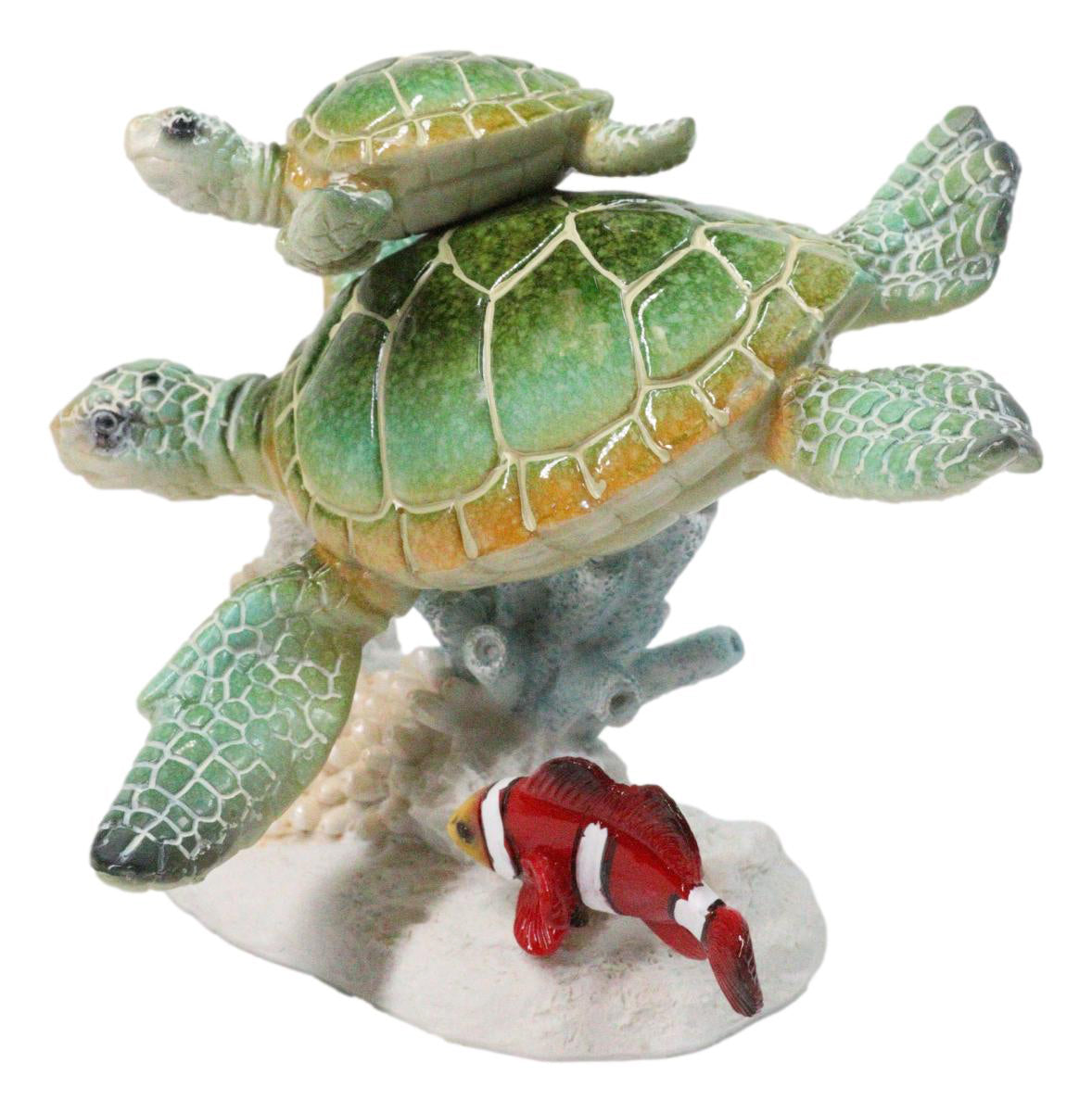 Green Sea Turtles Family Swimming By Coral Reef Sea Anemone Clownfish Figurine