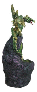Metallic Green Gold Meteorite Dragon On Faux Geode Crystal Cavern Rock Figurine