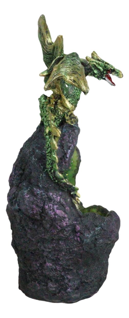Metallic Green Gold Meteorite Dragon On Faux Geode Crystal Cavern Rock Figurine