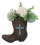 Rustic Western Turquoise Rocks Cross Faux Leather Cowgirl Boot Vase Figurine