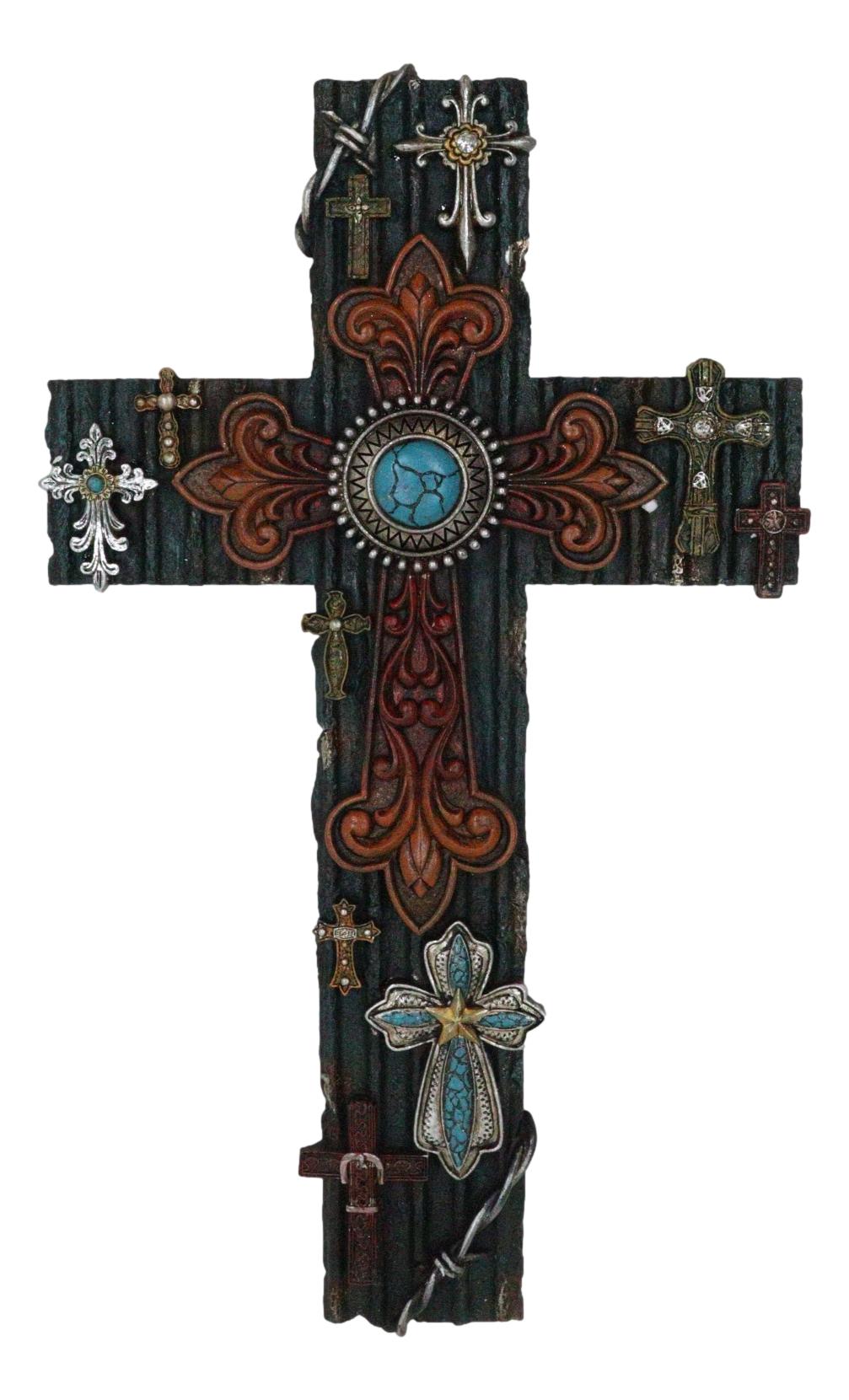 Rustic Western Layered Crosses Fleur De Lis Cowboy Turquoise Tooled Wall Cross