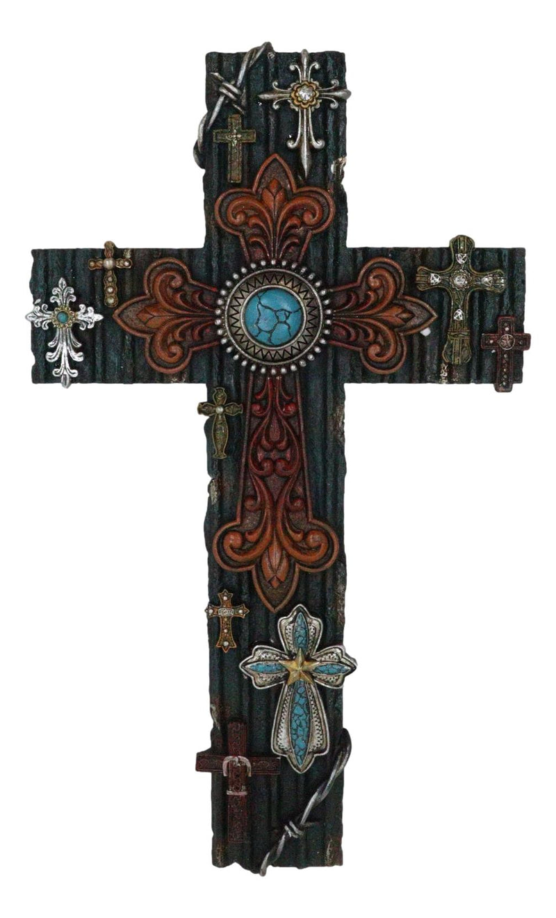 Rustic Western Layered Crosses Fleur De Lis Cowboy Turquoise Tooled Wall Cross