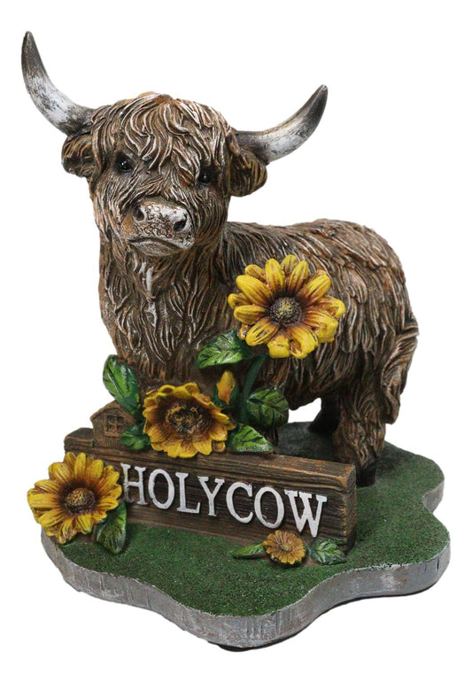 Western Scottish Highlands Cattle Cow with Sunflowers Holy Cow Plank Figurine