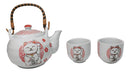 White Red Maneki Neko Lucky Cat Ceramic Tea Pot And 2 Cups Set Bamboo Handle