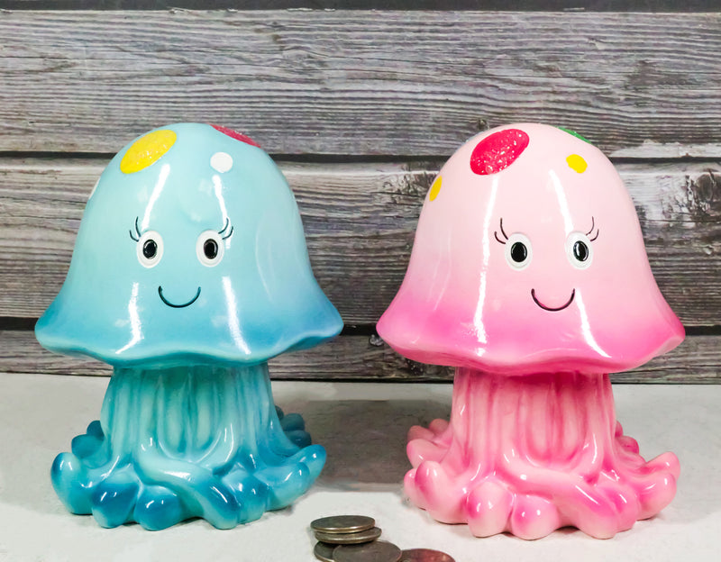 Set of 2 Whimsical Marine Blue And Pink Sea Jellyfish Money Savings Piggy Banks