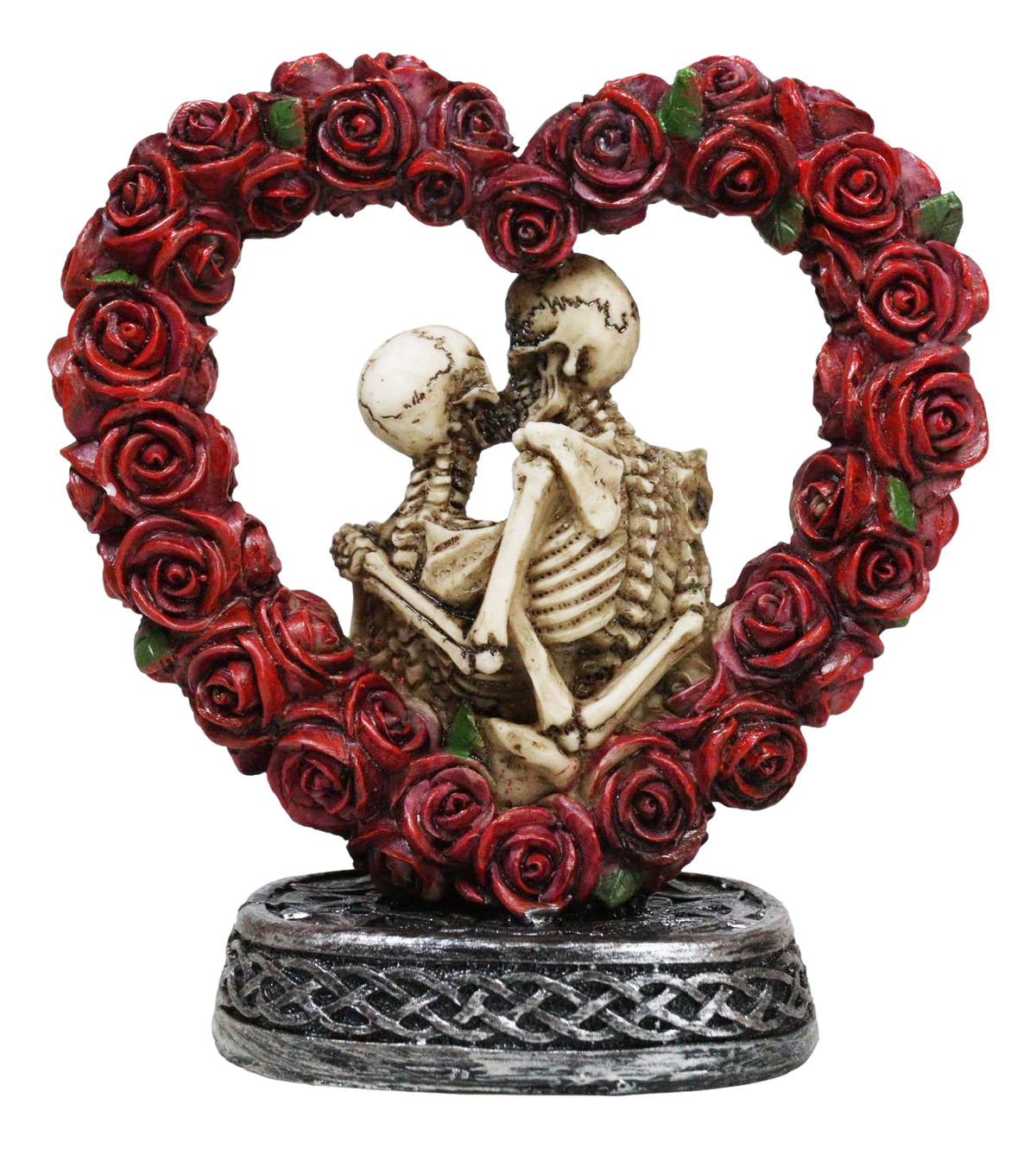 Love Never Dies Roses On Heart Wreath Kissing Skeleton Couple Bronzed Figurine - Ebros Gift