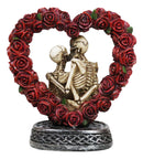 Love Never Dies Roses On Heart Wreath Kissing Skeleton Couple Bronzed Figurine