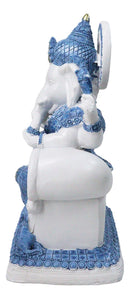 Blue & White Ganesha Statue with Mushak, 8.5-Inch Hindu God Seated on Throne