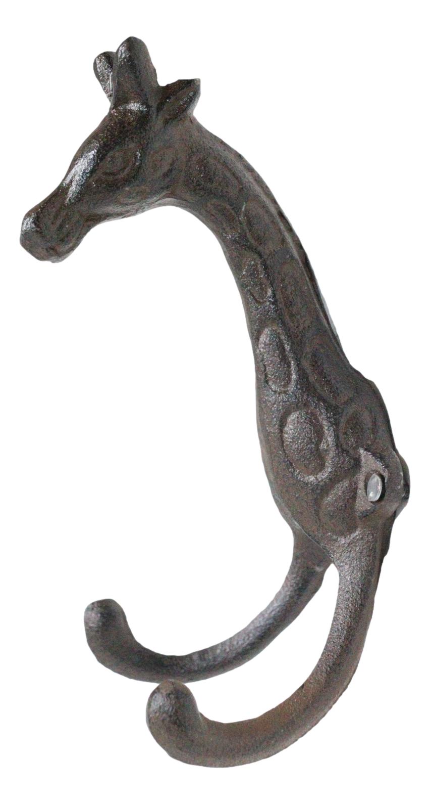 Pack Of 2 Cast Iron Safari Masai Giraffe Head Decor Double Wall Coat Towel Hooks - Ebros Gift