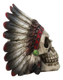 Gothic Native American Chief Skull Figurine with Tribal Feather Headdress 4.5"H