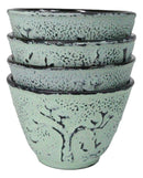 Mint Green Bamboo Etching Japanese Tetsubin Style Cast Iron Tea Cups Set of 4