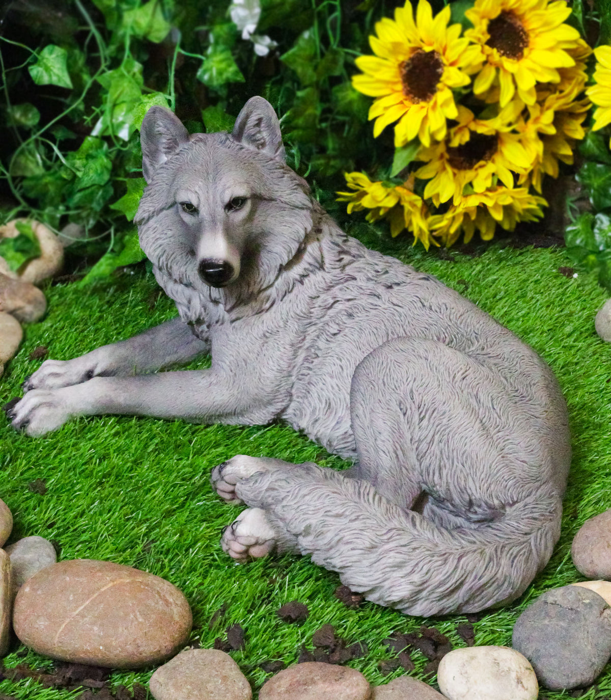 Resting Wise Gray Lone Wolf Figurine Timberwolves Pack Decorative Decor Statue - Ebros Gift
