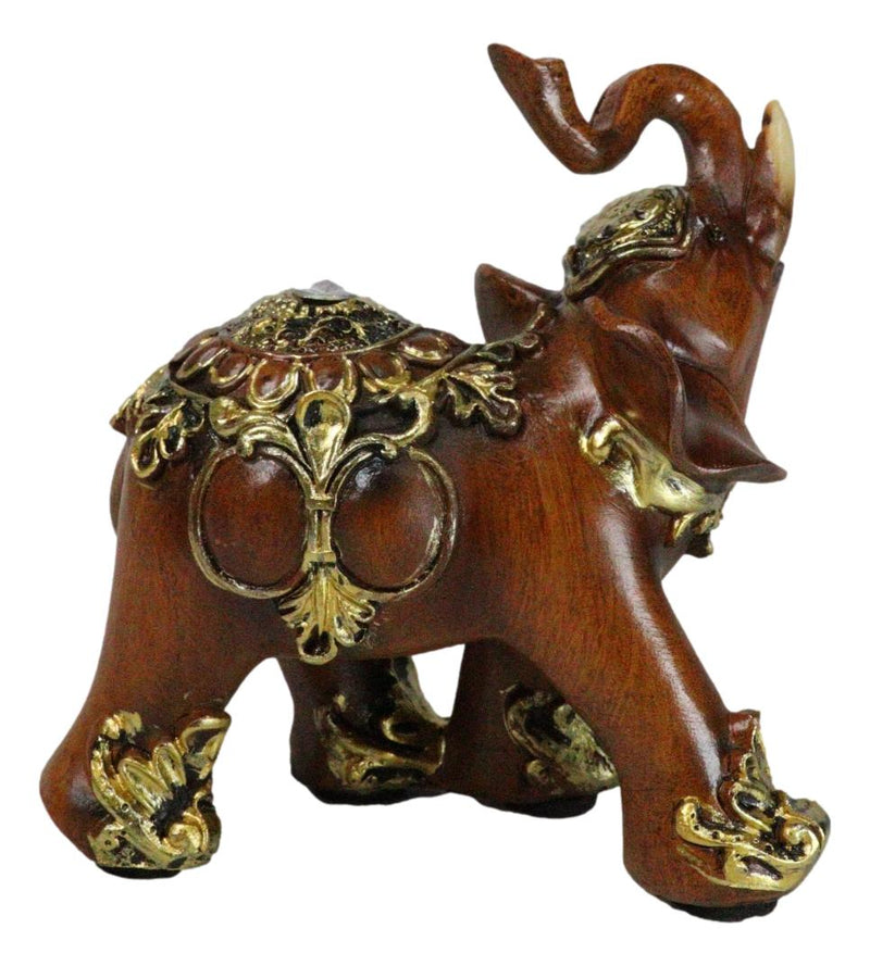 Feng Shui Faux Wood Left Facing Trunk Up Elephant With Golden Tapestry Figurine