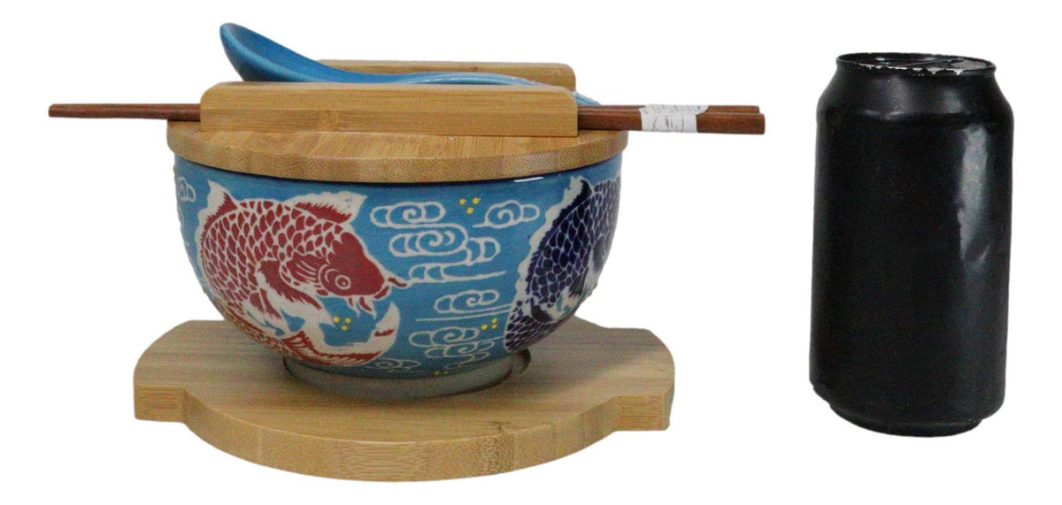 Blue And Red Koi Fishes Donburi Ramen Bowl With Lid Trivet Spoon Chopsticks Set