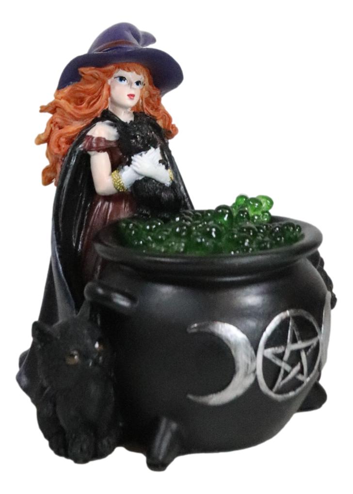 Wiccan Grand Witch Black Cat By LED Potion Bubbles Triple Moon Cauldron Figurine