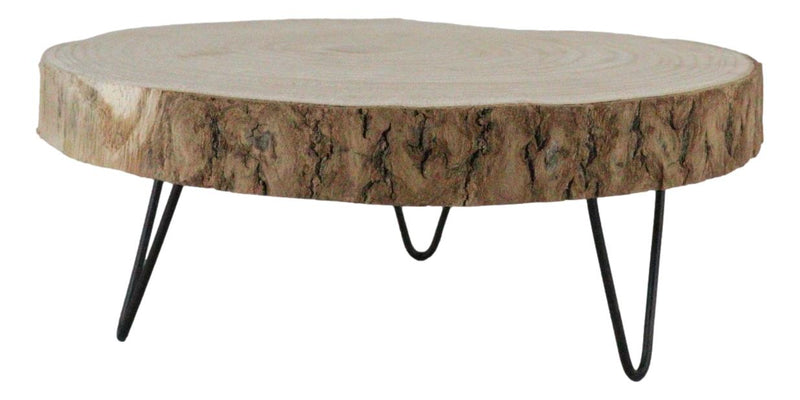 Unfinished Natural Wood Bark Round Slice With Metal Legs Pedestal Stand 11"D