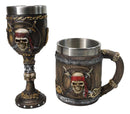 Nautical Rustic Barrel Pirate Skull Wine Goblet & Beer Tankard Mug Set of 2