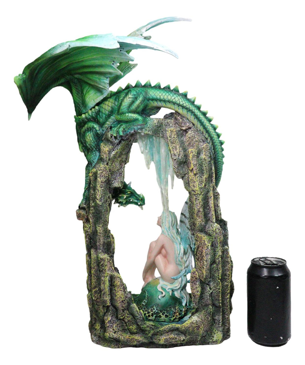 Large Elf Fairy With Green Emerald Dragon by Ice Crystals Stone Arch Statue