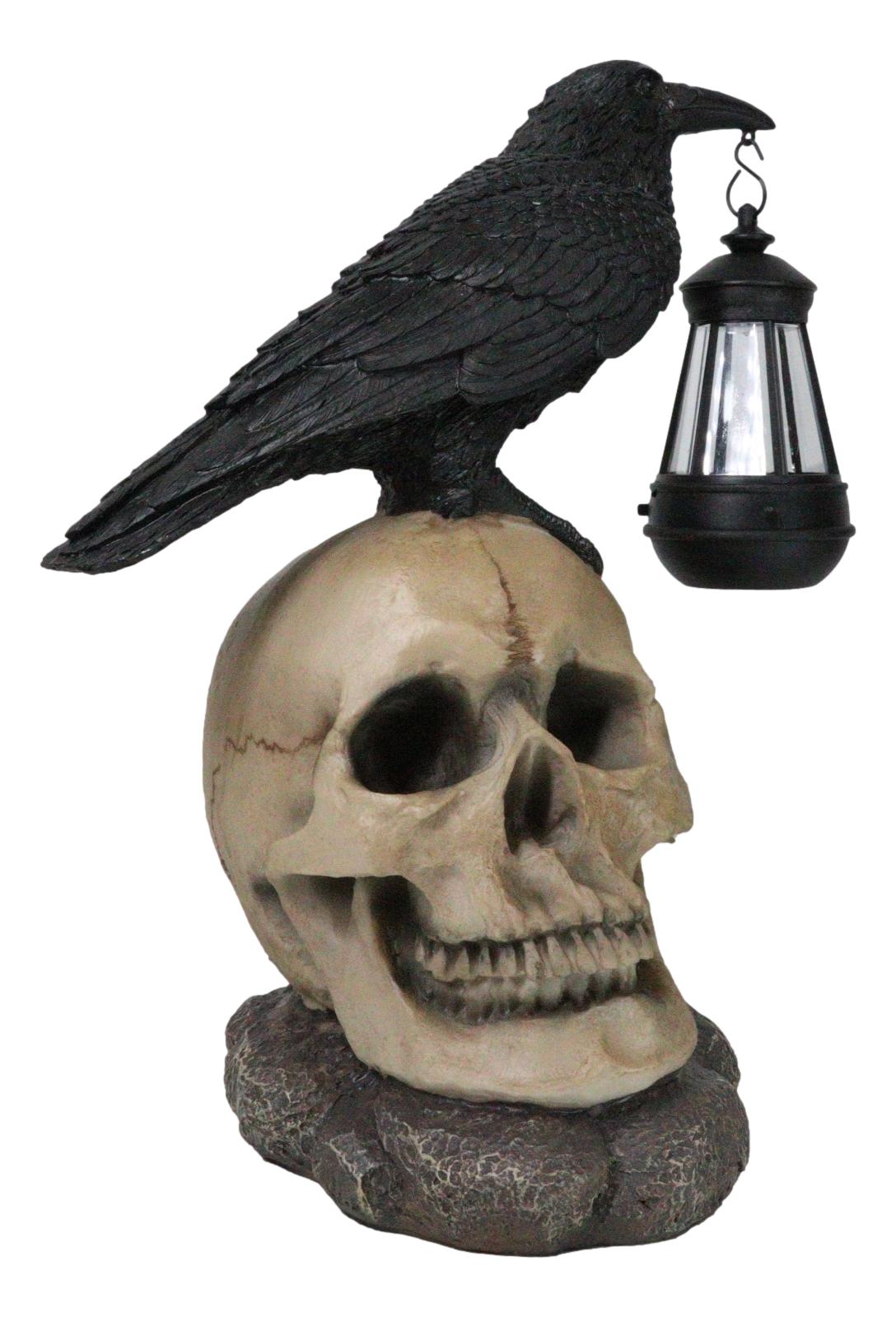 Ebros Edgar Corvus Raven Perching On Rose Skull Statue With Solar LED Lantern Light - Ebros Gift