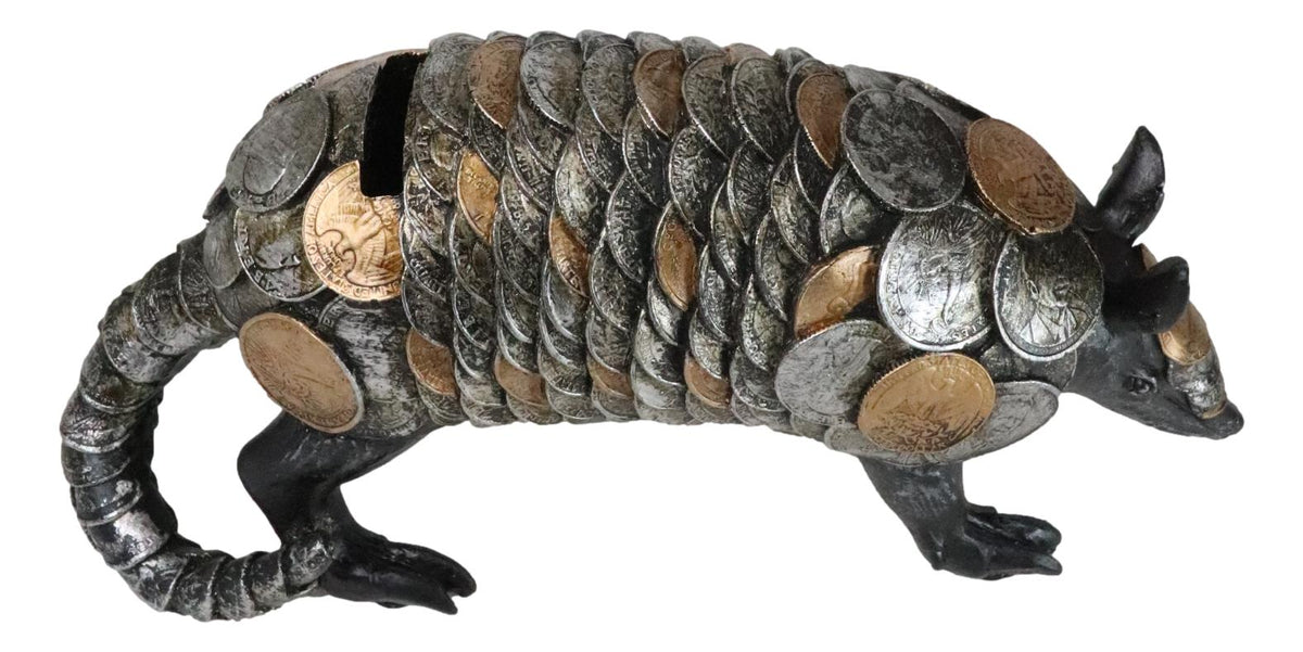 Western Rustic Armadillo With Engraved Coins Armor Money Savings Piggy Bank - Ebros Gift