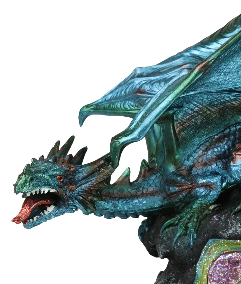 Large Aquamarine Iridescent Dragon Guarding LED Faux Crystal Geode Rock Figurine