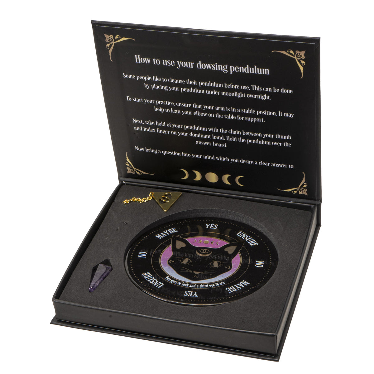 Wicca Astrology Witchcraft Mystic Mog Black Feline Cat Pendulum Divination Kit