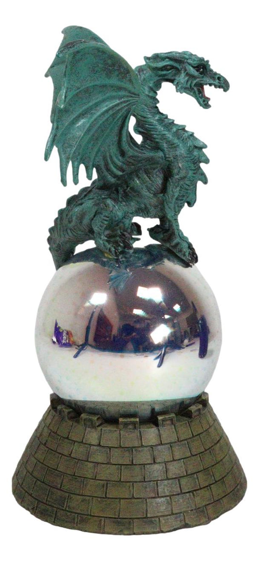 Teal Monarch Dragon Perching On LED Optic Plasma Ball With Battlement Wall Base