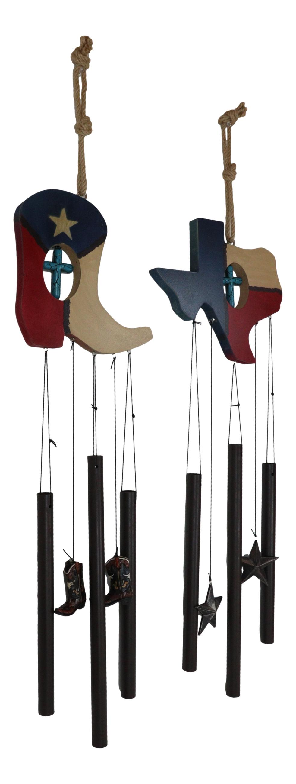Pack of 2 Western Star Texas State Flag Cowboy Boot Turquoise Cross Wind Chimes - Ebros Gift