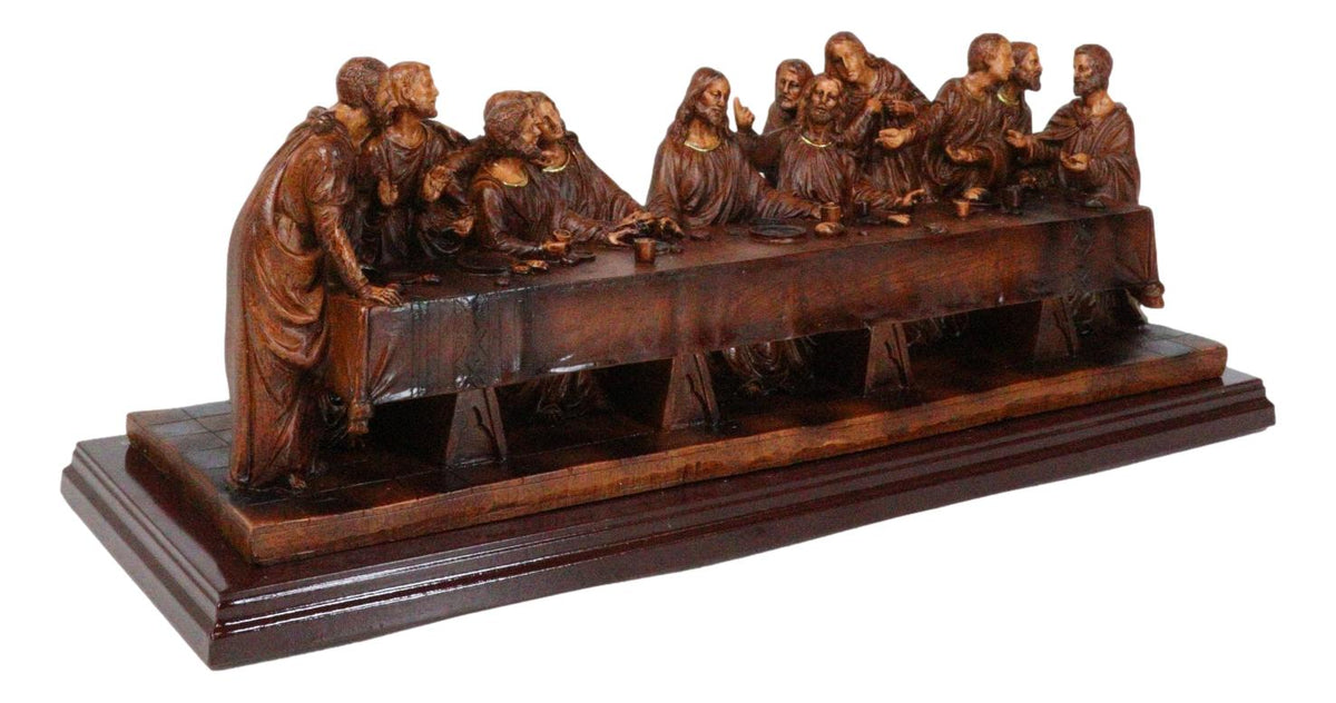 Leonardo Da Vinci The Last Supper Jesus And Disciples Faux Wooden Figurine 14"L - Ebros Gift
