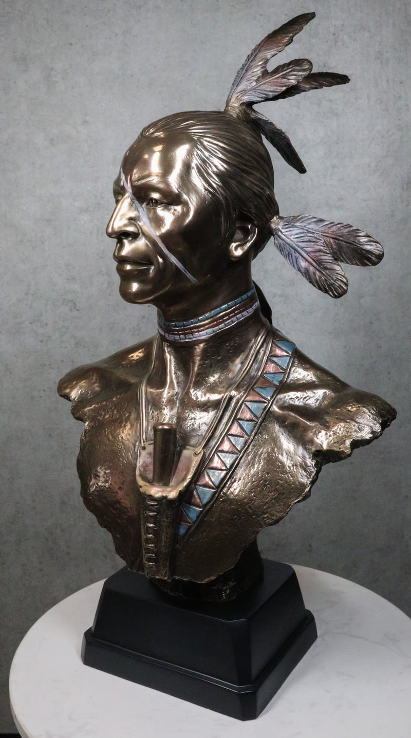 Large Tribal Native American Indian Warrior With Eagle Feather Bust Statue Decor
