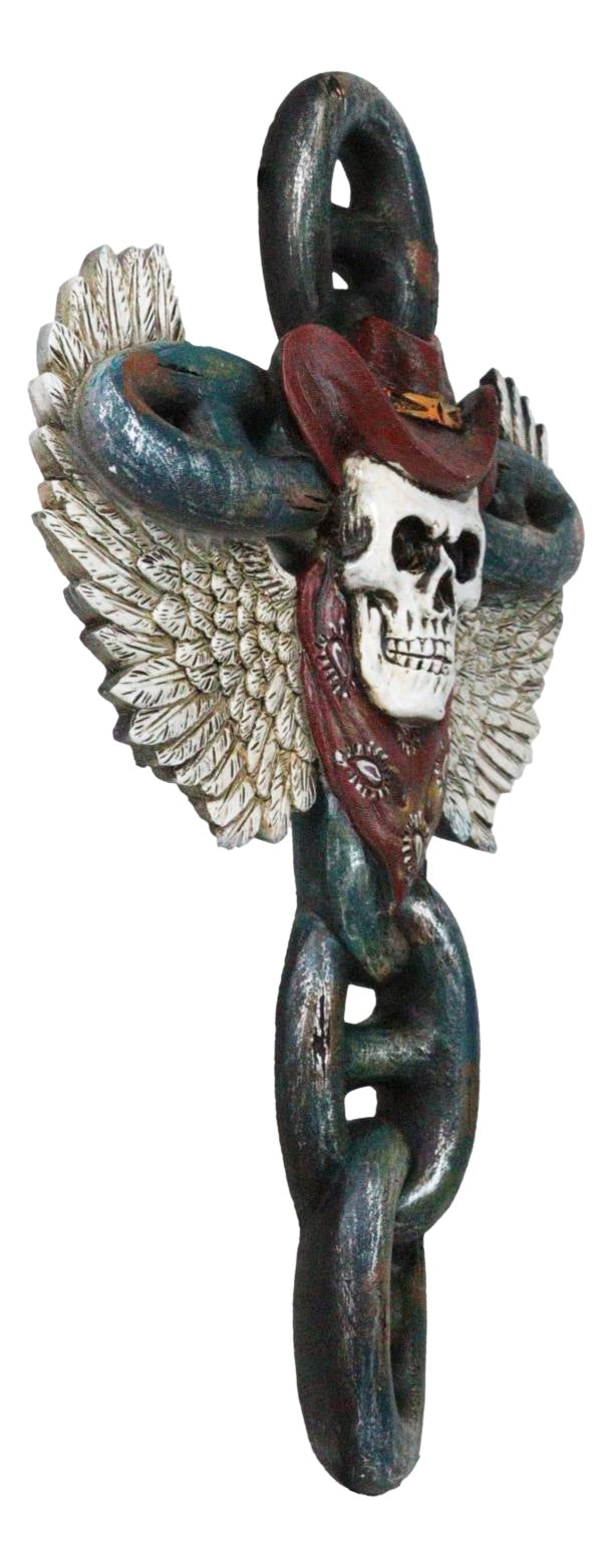 Gothic Angel Winged Cowboy Skull With Red Scarf Prison Shackle Chains Wall Cross
