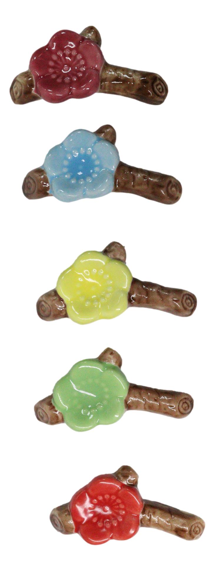 5 Pairs Of Ume Plum Blossoms On Branch Ceramic Rests With Wooden Chopsticks Set
