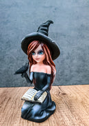 Gothic Pretty Enchantress Witch Holding Spell Book And Black Raven Crow Figurine