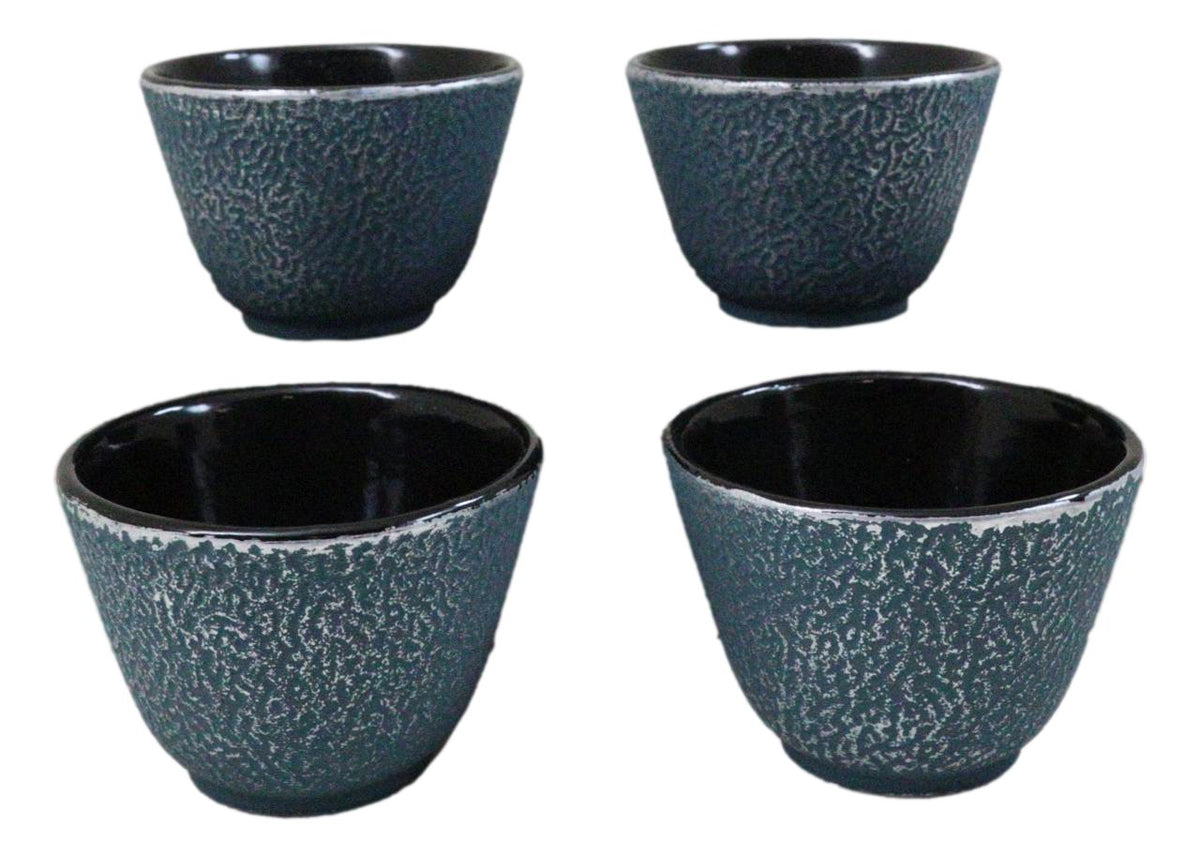 Pack Of 4 Teal Blue With Gold Cast Iron Tetsubin Textured Surface Tea Cups 3oz
