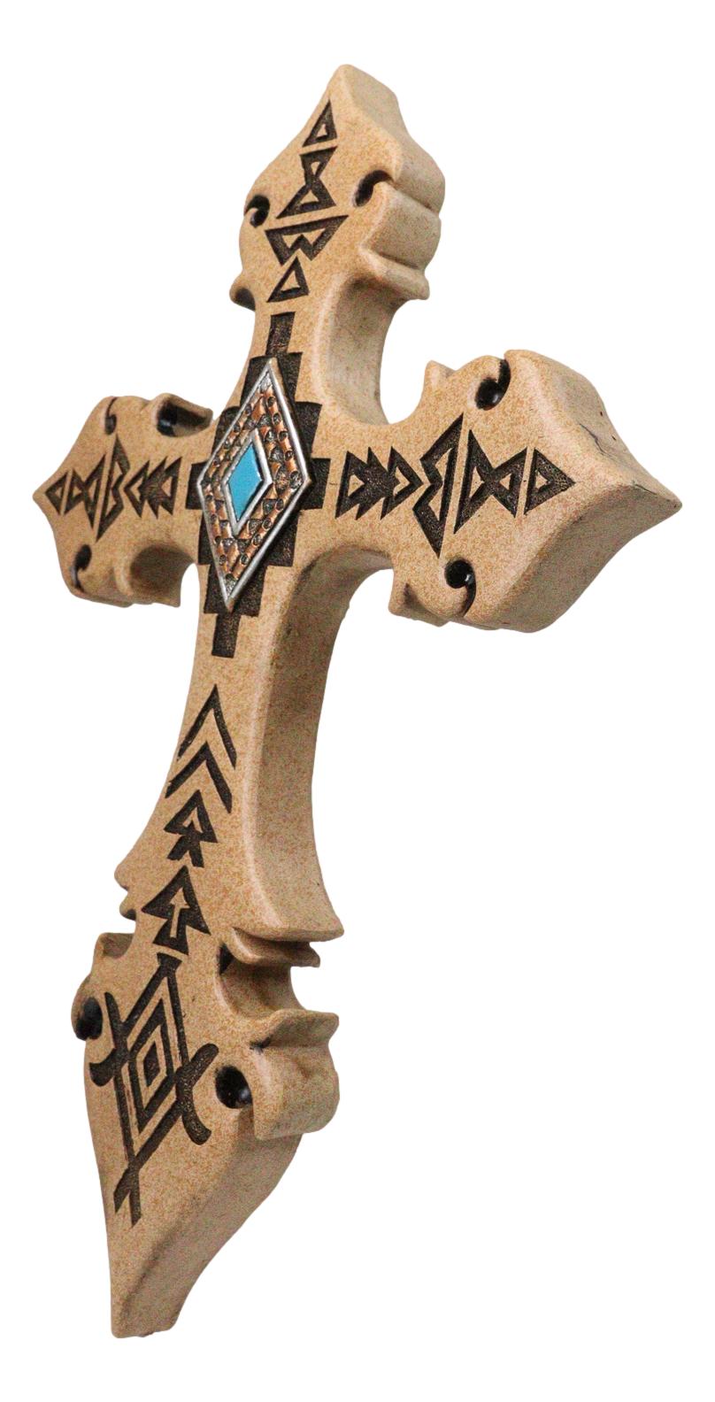 Southwestern Rustic Aztec Vectors Turquoise Diamond Cream Wall Cross Figurine