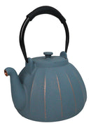 Blue Gold Streaks Wide Base Vertical Lines Medium Cast Iron Teapot 33oz Tea Pot