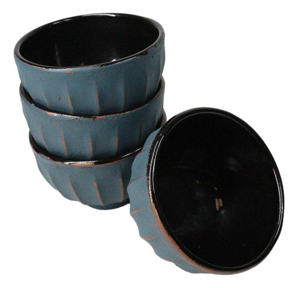 Blue Gold Ridged Lines Japanese Tetsubin Style Cast Iron Tea Cups Set of 4